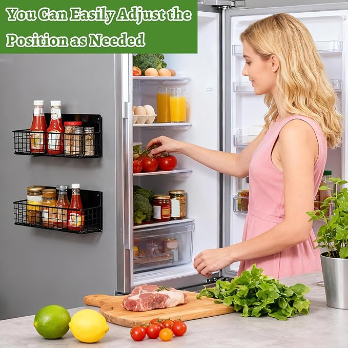 ONESIXEC 2 Pack Magnetic Basket for Fridge, Magnetic Spice Rack for Side of Refrigerator, Small Magnet Wire Bin Basket Fridge Shelf Organizer Kitchen Classroom Whiteboard Pantry Office Storage, Black