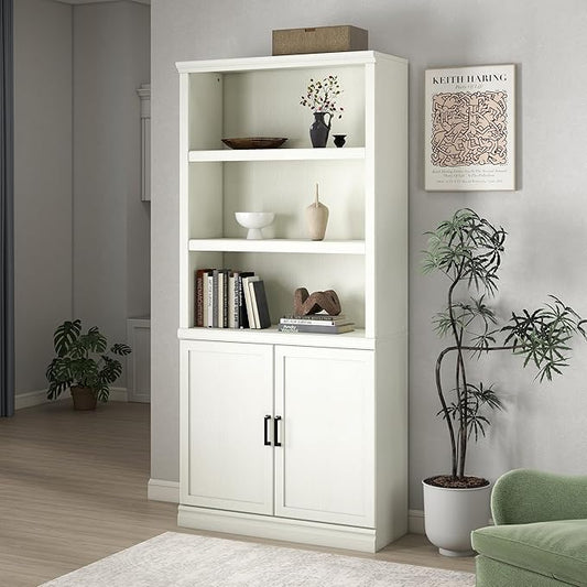 70 Inch Tall Bookcase with Doors, Library Office Bookshelf with Adjustable Shelves, Floor Standing Book Cabinet Shelves for Living Room Bedroom with Anti Tipping Kit, Soft White Finish