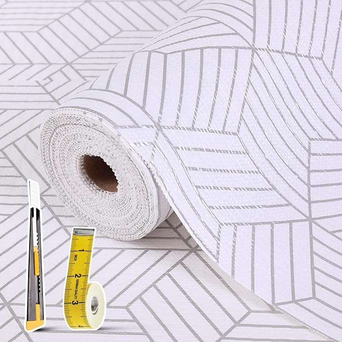 Shelf Liners for Kitchen Cabinets Non Adhesive Shelf Liner Paper Non-Slip Thickened Drawer Liner Easy to Clean for Tool Box Refrigerator with Knife and Tape Measure, Silver Geometric, 23.6 x 354.3 in