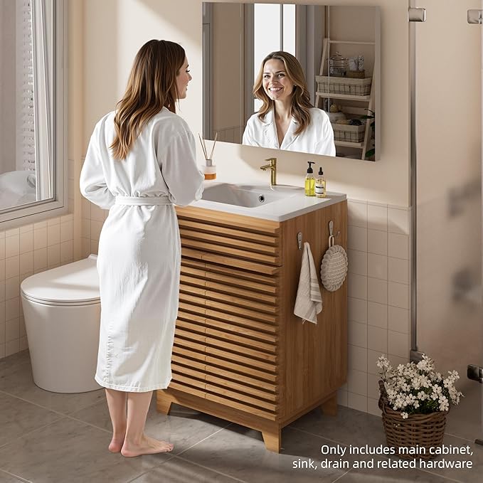 VNN 24 Inch Bathroom Vanity with Ceramic Sink - Freestanding Storage Cabinet with Fluted Design, Soft-Close Doors and Shelves, Compact Modern Storage for Small Bathrooms/Powder Rooms, Natural Oak