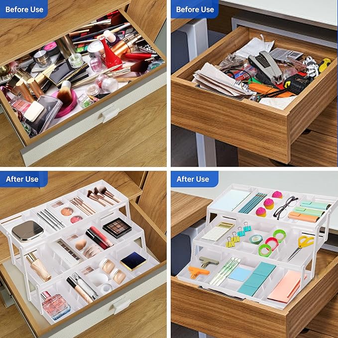Smart Drawer Organizer Multi Level, Adjustable Folding Junk Drawer Organizer For Kitchen, Bathroom, Office, And Bedroom – Space-Saving Makeup Organizer (White)