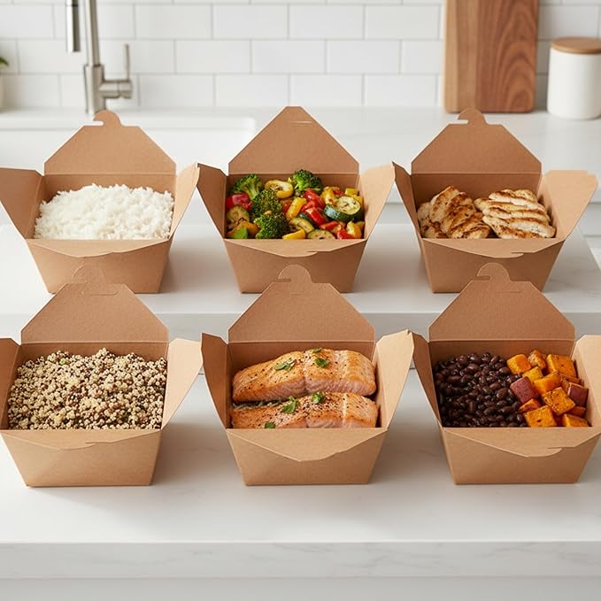 Kraft Paper Take-Out Boxes, PFAS-Free, Grease Resistant, Durable Disposable Food Containers, Microwave/Freezer Safe, Stackable Paperboard for Meal Prep, Catering, Leftovers & Restaurants, 8.4x6.3x1.9