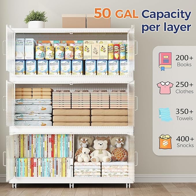 QAVABIN 240GAL Extra Large Storage Bins with Lid, 960QT Collapsible Organizer with Wheels, Stackable Closet Cabinet with Doors, Folding Storage Containers for Home, Office, Kitchen, 3Pack White