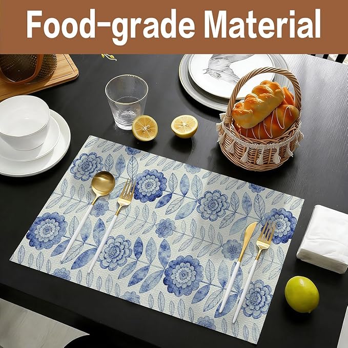 Vuacepe Drawer and Shelf Liner for Kitchen Cabinets Non-Adhesive Strong Grip Floral Shelf Liner Non-Slip Waterproof Blue Flower Drawer Liner for Cupboard Shelves Easy to Clean Cabinet Liner 12IN×10FT