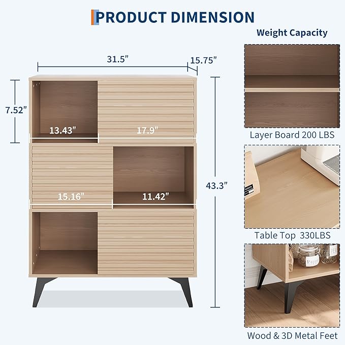 IDEALHOUSE Fluted Cabinet with Sliding Doors, Modern Wooden Storage Cabinet with Metal Base, 31 Inch Sideboard Cabinet with Storage for Dining Room,Living Room, Entryway