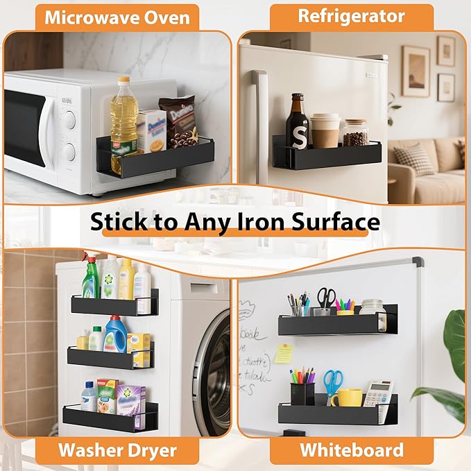 6 Pack Magnetic Spice Rack Organizer for Refrigerator and Oven, Movable Magnetic Hanging Kitchen Spice Rack with 6 Hooks, Black
