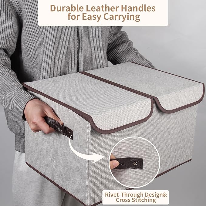 Foldable Fabric Storage Box with Double-Lid & Dividers, Large Organizer for Home, Closet, Office (Grey, 2 Packs)