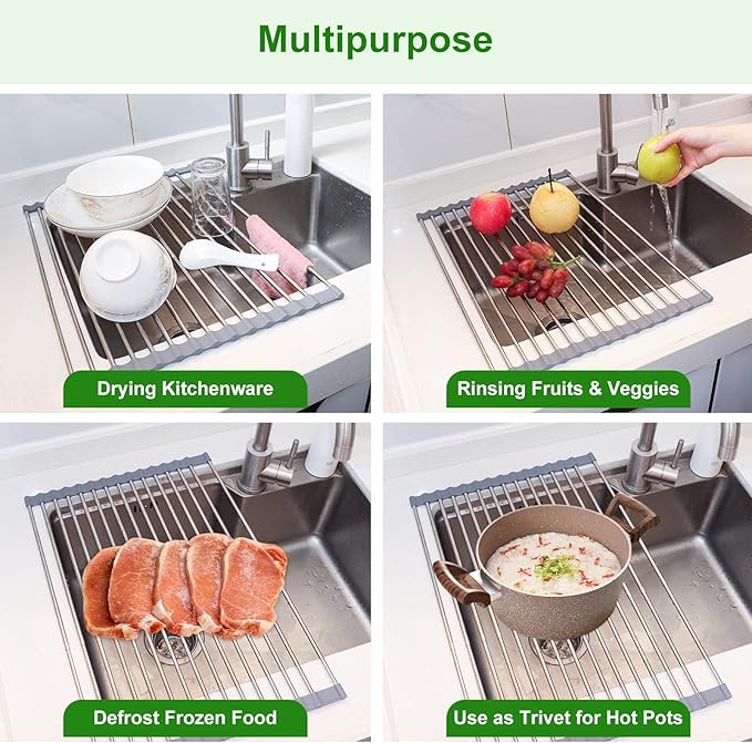Expandable Roll Up Dish Drying Rack, 23.6"L x 13.0"W Large Stainless Steel Over The Sink Dish Drying Rack with Silicone Wrapped Anti-Slip Foldable Multipurpose Dish Drainers for Kitchen Sink