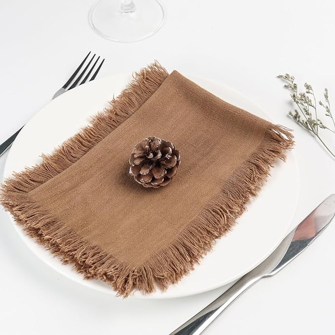 Handmade Cloth Napkins with Fringe,18 x 18 Inches Cotton Linen Napkins Set of 12 Versatile Handmade Square Rustic Fringe Napkins for Dinner, Wedding and Parties, Taupe
