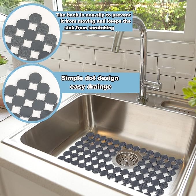 Kitchen Sink Mat for Stainless Steel/Ceramic Sinks,2 Pack Dish Sink Mats for Kitchen Sink with Scissors, Fast Draining,Easy to Clean,DIY Cut,15.7 X 11.8 Inch(Grey)