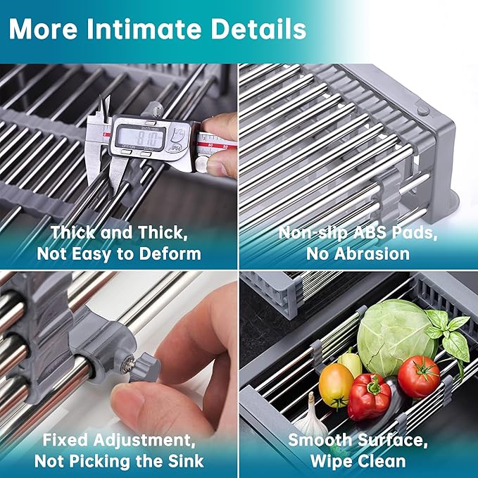 Over The Sink Dish Drying Rack Gray, Stainless Steel Drainer Drying Basket for Kitchen Sink Retractable Sink Dish Drying Rack Expandable Organizer for Dishes, Vegetables, and Fruits