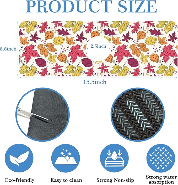 Faucet Mat Splash Guard Autumn Colorful Leave, Soft Diatom Mud Material, Strong Water Absorption, Non-slip,Easy to Clean for Bathroom, Kitchen 15"X5.5"