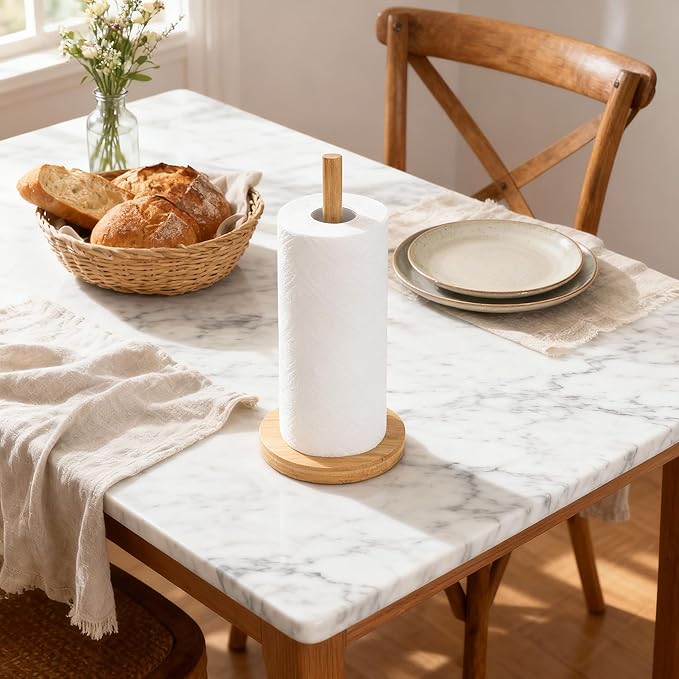 WORHE Bamboo Paper Towel Holder Countertop 1 Pack Thick Sturdy Base, Standing Paper Towel Roll Holder for Kitchen Bathroom Vanity Countertop, Paper Towel Dispenser for Bathroom (YGC017)