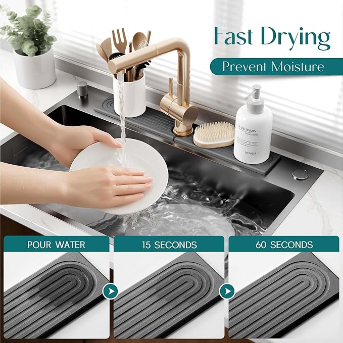 eormoe Kitchen Sink Splash Guard – Stone Diatomite Faucet Drying Matt, Modern Kitchen Sink Accessories for Countertop (Dark Grey, 23.6"x3.9")