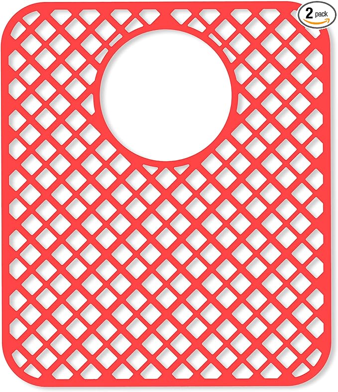 BEHOK 2 Pack Silicone Sink Protectors for Kitchen Sink, Lozenge Pattern 13 x 11 Inches Sink Mat, Non-Slip and Durable Sink Protector Silicone, Rear Drain, Red