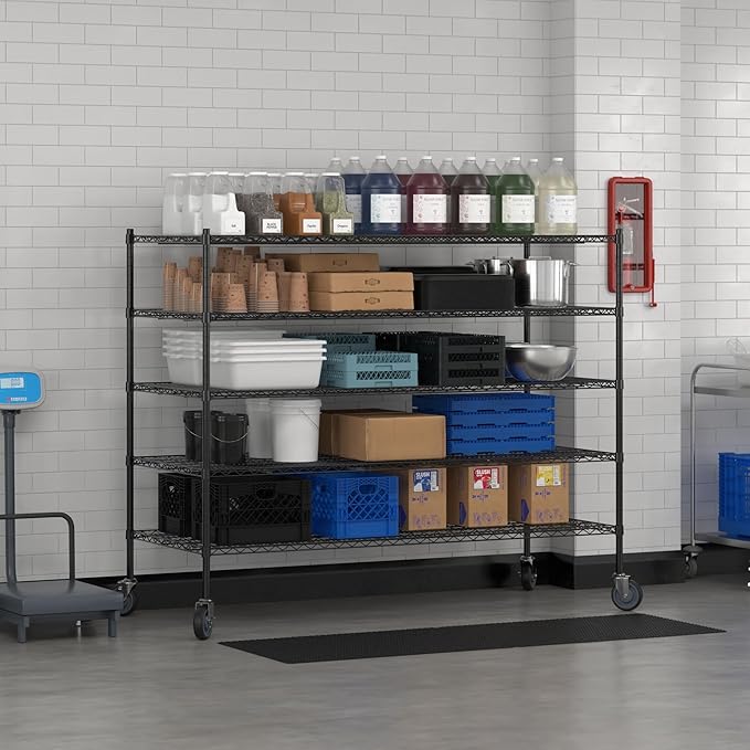 Commercial NSF Listed Black Epoxy Mobile Wire Shelving Kit 30" x 72" x 60", with 5 Shelves Perfect for Warehouse, Walk-in Refrigerator, Freezer, Grocery Store, Restaurant, Dishroom
