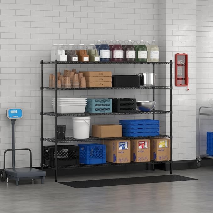 Commercial NSF Listed Black Epoxy Stationary Wire Shelving Kit 21" x 72" x 64", with 5 Shelves Perfect for Warehouse, Walk-in Refrigerator, Freezer, Grocery Store, Restaurant, Dishroom