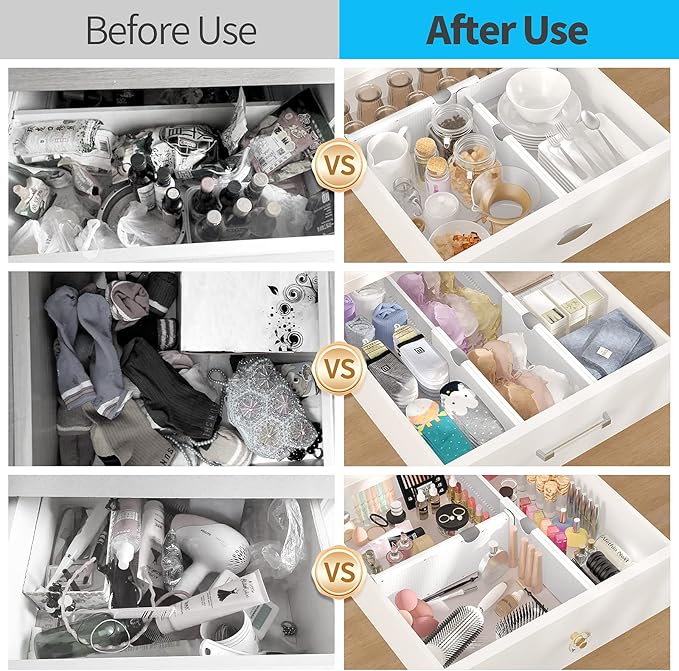 Drawer Dividers Organizer, Adjustable Separators 4" High Expandable from 11-17" for Bedroom, Bathroom, Closet, Clothing, Office, Kitchen (White, 4 PACK)