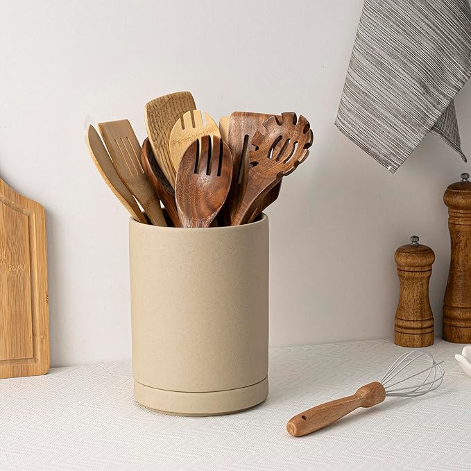 Utensil Holder, 7.3" Ceramic 2-in-1 Utensil Holder Set with Base for Countertop, Cooking Utensil Crocks for Kitchen Counter, Organizer for Spatulas & Spoons, Farmhouse Decor, Pottery Clay
