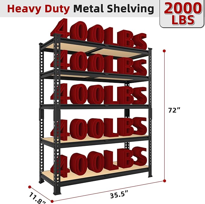 Heavy Duty Metal Storage Shelves - 35.5" W x 11.8" D x 72" H 5 Tier Adjustable Garage Shelving Unit, Industrial Utility Rack Shelf for Warehouse, Pantry, Kitchen, Black, 2 PCS