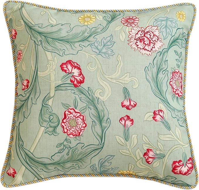 patdrea Designer Square Throw Pillow Covers,Farmhouse Linen with Green Floral Pattern Pillows Cover,Decorative Pillowcases Cushion for Bed Living Room Outdoor Car,18"x18"