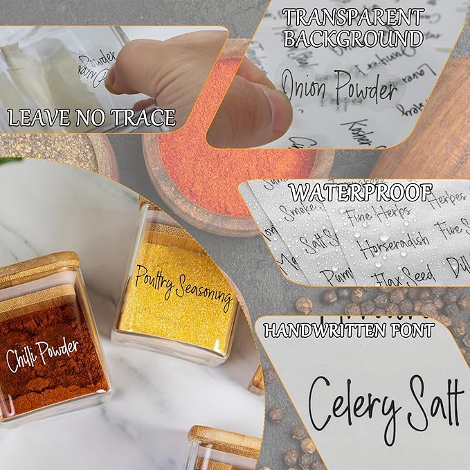 268 Clear Seasoning Jar Labels, Preprinted Kitchen Pantry Organization Labels for Spice Herbs Food Containers Jar Bottle Rack Waterproof Black White Script Sticker Set (4 Black+4 White)