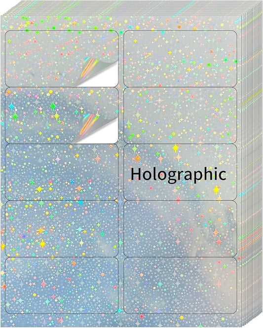 YEGAWEN Shipping Labels Stickers, 2"×4" Printable Holographic Mailing Labels for Laser/Inkjet Printing- Matte Holographic Star- 8.5"×11"- 20 Sheet