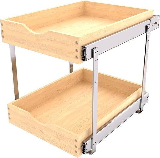 2-Tier Wood Cabinet Pull Out Shelves (14" W x 22" D), Wooden Slide Out Drawers for Kitchen Cabinets, Heavy-Duty Roll Out Pantry Organizer