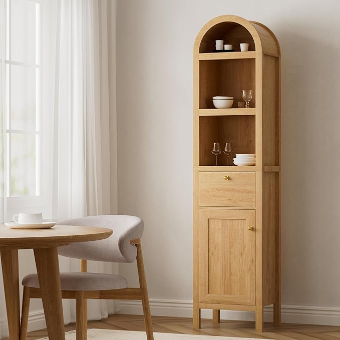 Arched Tall Cabinet 67", Adjustable Shelf Bathroom Storage with Door & Drawer, Narrow Farmhouse Pantry Cabinet for Kitchen, Study Room, Hallway, Easy Assembly - Natural Oak