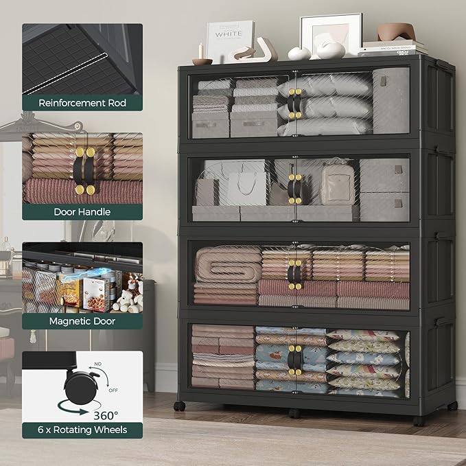 240Gal/960QT 4-Tiers Extra Large Stackable Storage Bins with Lid, Collapsible Cabinet Closet Organizer Plastic Container Box with Wheels Doors Drawers for Office Dorm Kitchen Office, Black