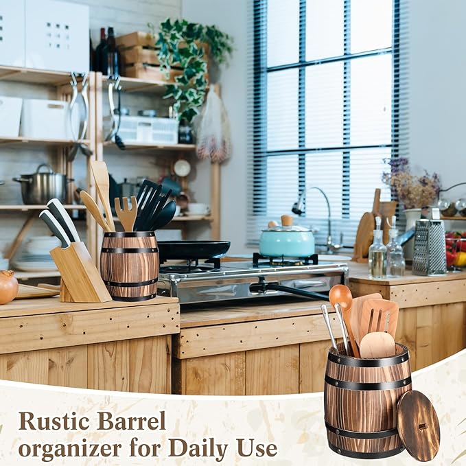 8" x 6.5" Wine Barrel Design Kitchen Utensil Crock with lid Large Wood Cooking Tool Holder for Kitchen Counter Rustic Organizer for Spatula Whiskey Barrel Storage Container Planter Decoration