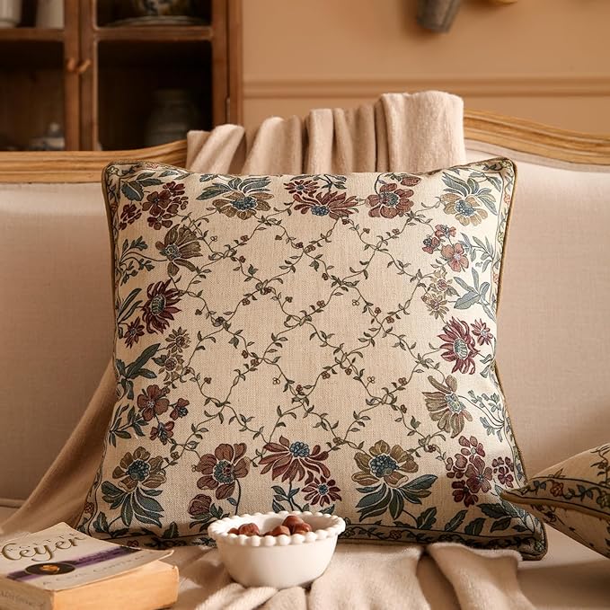 patdrea Designer Throw Pillow Covers,Square Euro Retro Style Light Brown Linen with Floral Pattern Pillow Cover,Decorative Pillowcases Cushion for Bed Living Room Outdoor Car,18"x18"