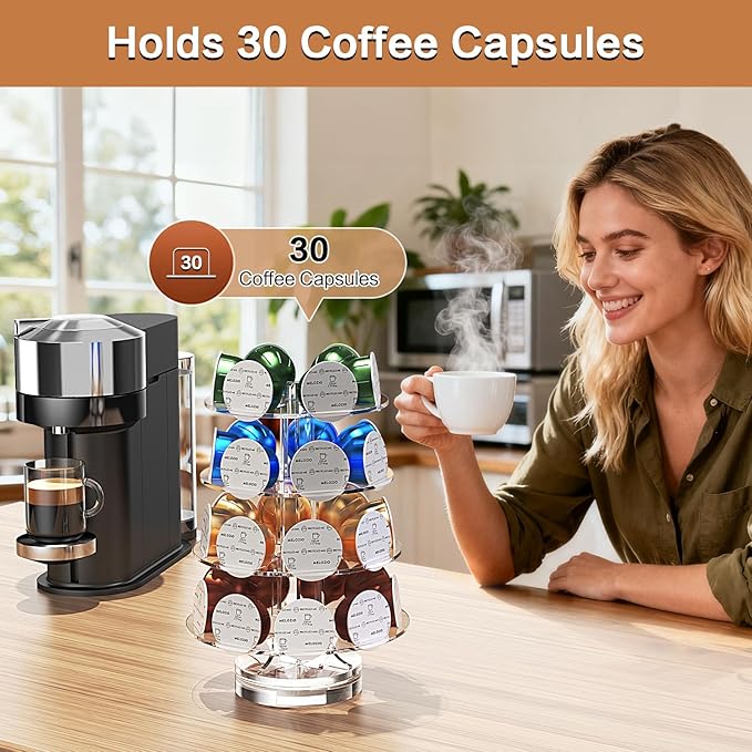Crystal Clear Acrylic Coffee Pods Holder Carousel Compatible with 30 Nespresso Vertuo Capsules And Keurig K-cup Pods, Space-Saving Coffee Pod Storage Organizer for Small Countertop