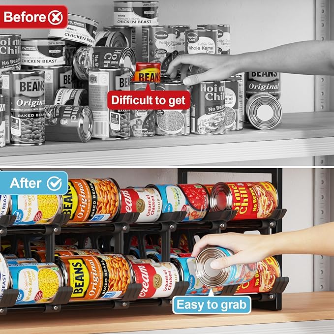 iSPECLE Pantry Can Organizer, 2 Pack Auto Rolling Pantry Organizers for 60 Cans, Stackable & Extendable Canned Goods Organizer for Pantry, Easy Access Can and Fit Most Pantry Shelf Space, Black