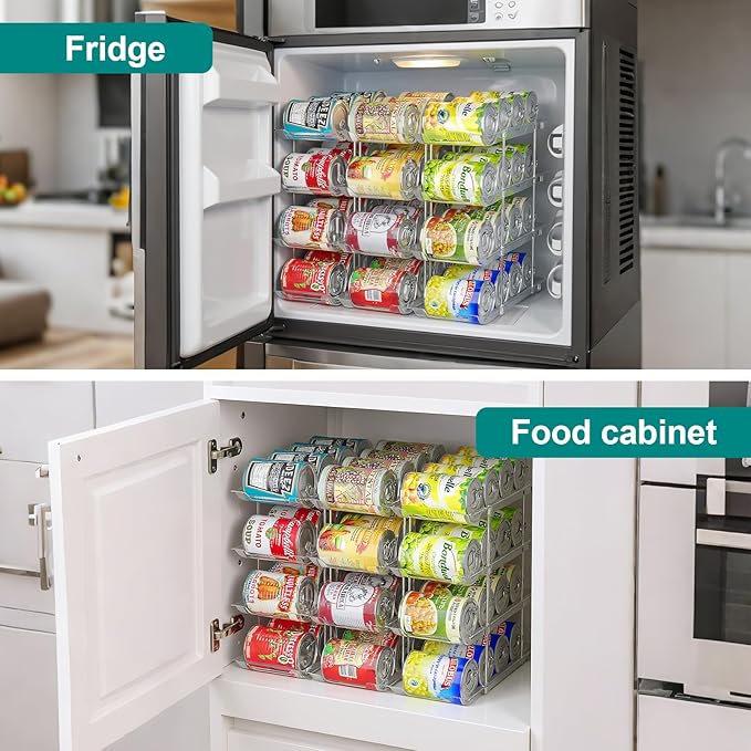 cjc Can Organizer for Pantry, Can Organizer for Fridge, Holds 48 Cans Clear Stackable, Soda Pantry Organizers and Storage Auto-Rolling & Free Combination for Countertop Kitchen Cabinet 3 Sets 4 Tiers