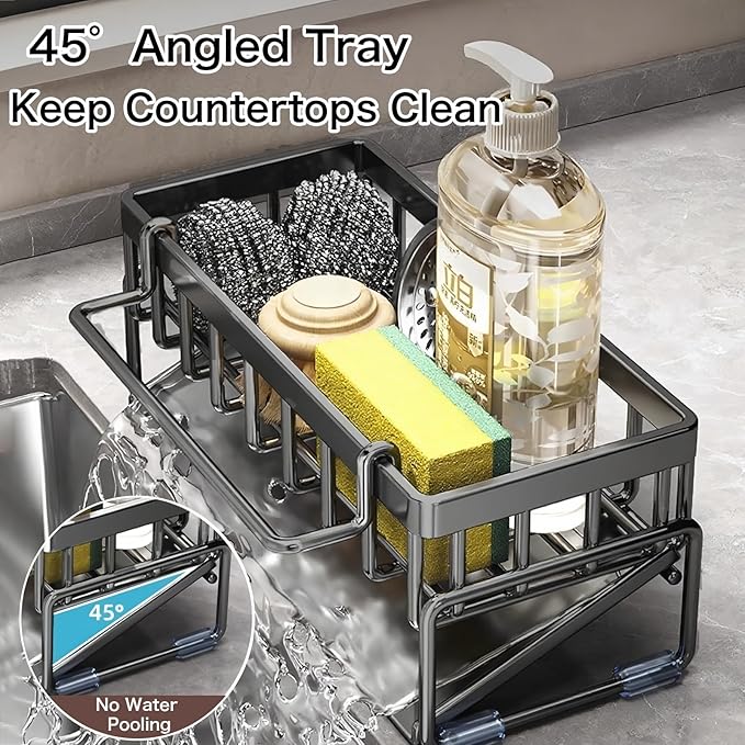 BREIS Sponge Holder for Kitchen Sink, Caddy Organizer with Rag Holder, Countertop Self-Draining Sponge Caddy, Rustproof Sink Storage Rack for Soap Dispenser Storage Accessories (Black)