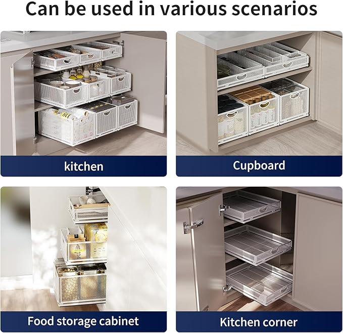 2 Pack Pull Out Cabinet Drawer,Metal Mesh Slide Out Shelves Organizer,Frameless Cabinets Suitable,Simple Housewares Pull Out Cabinet Sliding Basket (15.7" D*9.6" W*3.9" H)