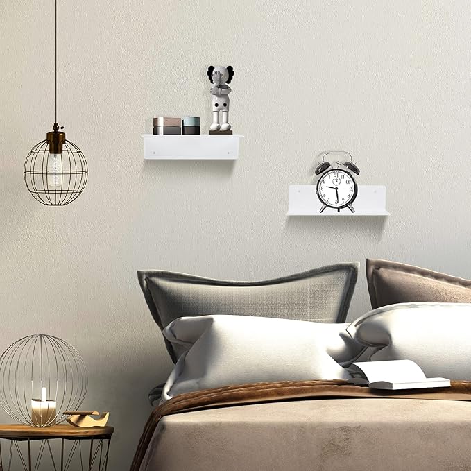 luium 9 Inch Acrylic Floating Shelf No Drill Adhesive Wall Shelf Set of 4 for Funko Pop Storage, Floating Shelves Damage-Free Expand Wall Space for Living Room, Bathroom, Gaming Room, Office - White