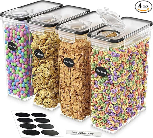 DWËLLZA KITCHEN Cereal Containers Storage 4 Pack 135 fl. oz Cereal Dispenser Airtight Food Storage Containers Pantry Organization and Storage, Canister for Rice Flour & Sugar 1 Marker 8 Labels
