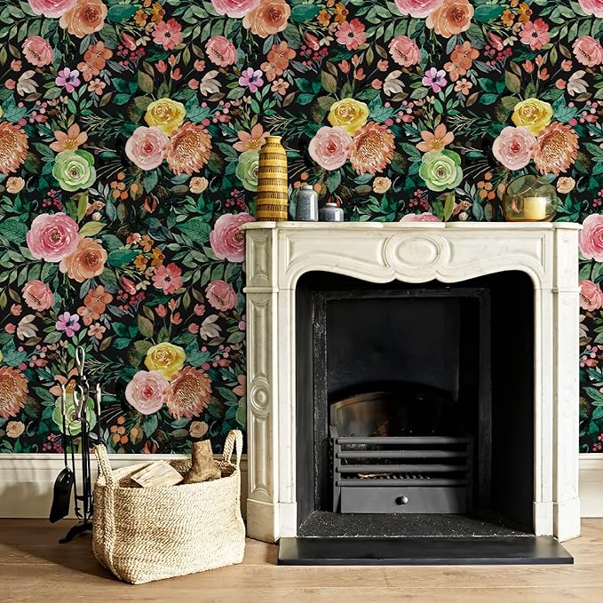 JiffDiff Dark Floral Peel and Stick Wallpaper 236.22" L x 17.7" W Black Watercolor Flower Wallpaper Wall Decor Wallcovering Wall Mural Cabinet