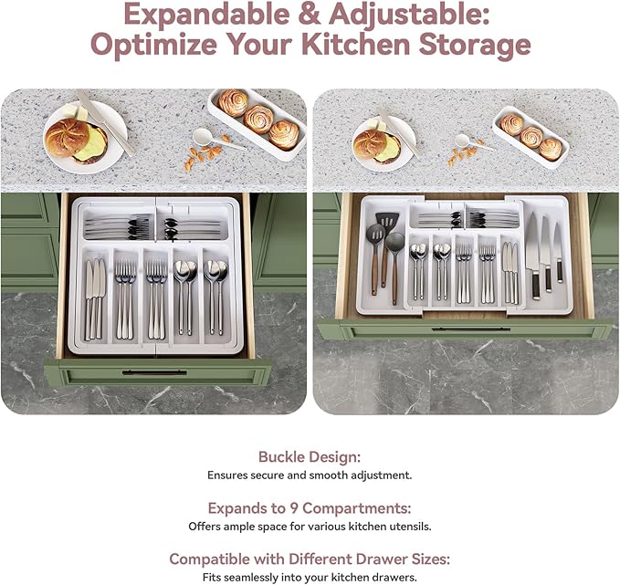 2 Pack Silverware Organizer, Expandable and Adjustable Kitchen Utensil Drawer Organizer, Plastic Cutlery Holder with Multiple Compartments,Cutlery Holder,for Spoons Forks Knives,White,UAFD012W