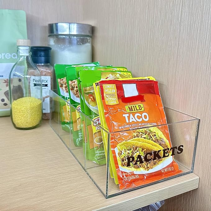 Seasoning Packet Organizer - Acrylic Packet Organizer Pantry for Sauces Spice Condiment Snack Packets with 4 Compartments, Clear Storage Caddy for Cabinet and Countertop.