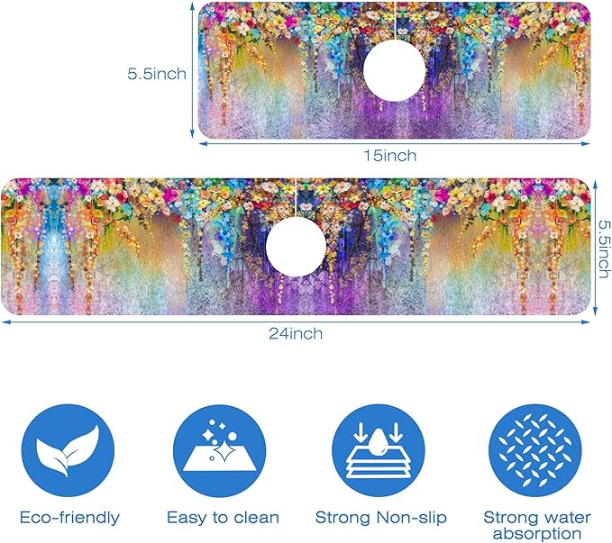 Abstract Watercolor Flowers Dish Drying Mat for Kitchen Sink Splash Guard Behind Faucet Sink Mat Absorbent Fast Drying Faucet Draining Mat for Bathroom Kitchen 5.5"×24"