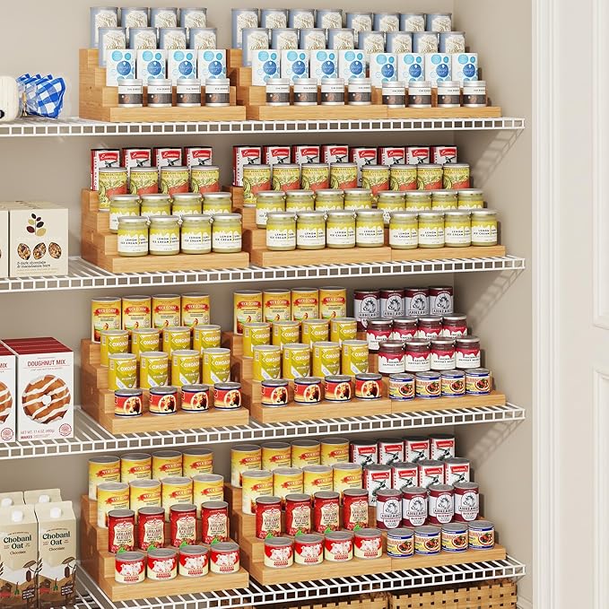 Expandable Bamboo Can Storage Rack, 4 Tier Adjustable Can Organizer for Pantry Holds Up to 32 Cans, Soda Can Dispenser, Canned Food Storage Display Shelf for Cabinet & Countertop (Patent Pending)