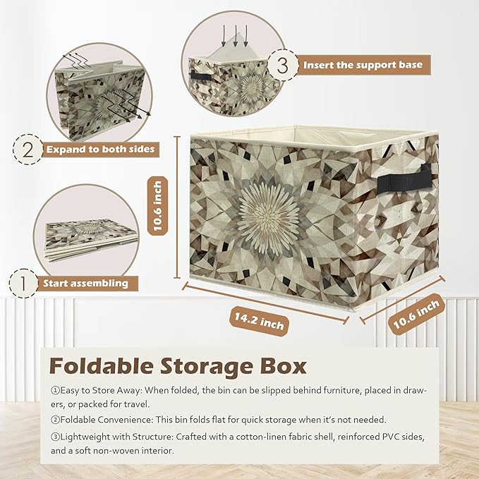 Modern Abstract Neutral Floral Storage Box Bins, Beige Brown Abstract Boho Collapsible Storage Basket Organizer for Bedroom Laundry Room Home Clothes Toys Books, Toybox for Kids