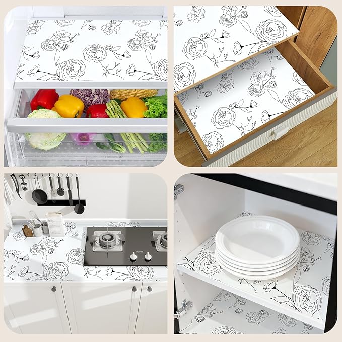 Shelf Liners for Kitchen Cabinets 17in x 20FT Non Adhesive Drawer Liner Black and White Floral Thickened Shelf Liner Paper Strong Non-Slip Easy to Clean for Tool Box with Knife and Tape Measure