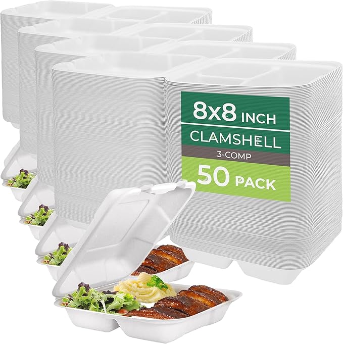 Freshware Compostable Clamshell Food Containers [8x8] 3-Compartment, Disposable, Biodegradable Sugarcane To Go Boxes - Paper Food Containers - Microwave & Freezer Safe, Stackable (Pack of 200)