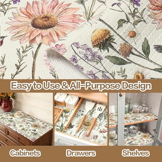 Vuacepe Floral Drawer and Shelf Liner for Kitchen Cabinets Non-Adhesive Drawer Liner Non-Slip Daisy Shelf Liners Strong Grip Waterproof Easy to Clean Cabinet Liners for Dresser Cupboard 12IN × 10FT