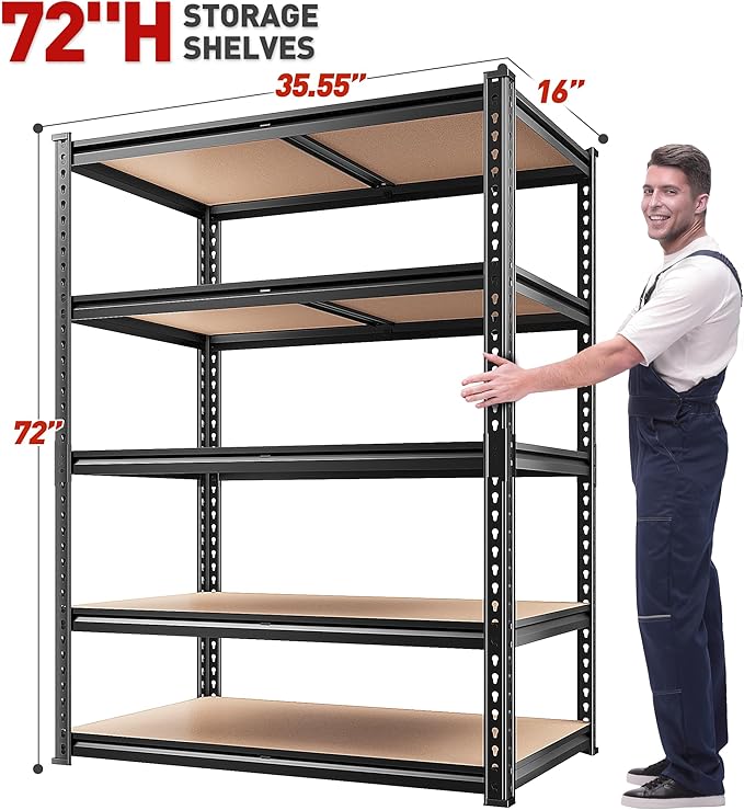 REIBII 2400LBS Storage Shelves 5 Tier Garage Shelving Heavy Duty, Adjustable Metal Shelving, Garage Shelves for Basement, Warehouse, Pantry, Closet, Kitchen 72" H x 35.55" W x 16" D, Black, 4 Pack