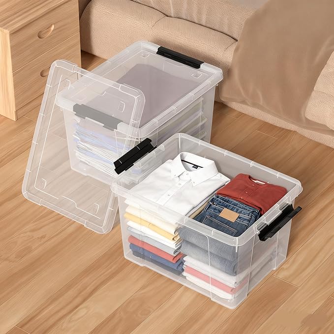 Parlynies 4-Pack 32 L Plastic Storage Box with Lid, Stackable Latch Storage Bin with Wheels, Clear